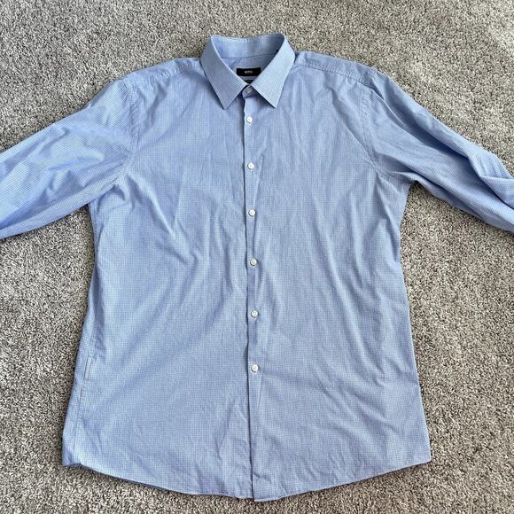 BOSS Hugo Boss Men's 17 (36/37) Blue Sharp Fit Classic Plaid Button Down Shirt - Picture 2 of 15